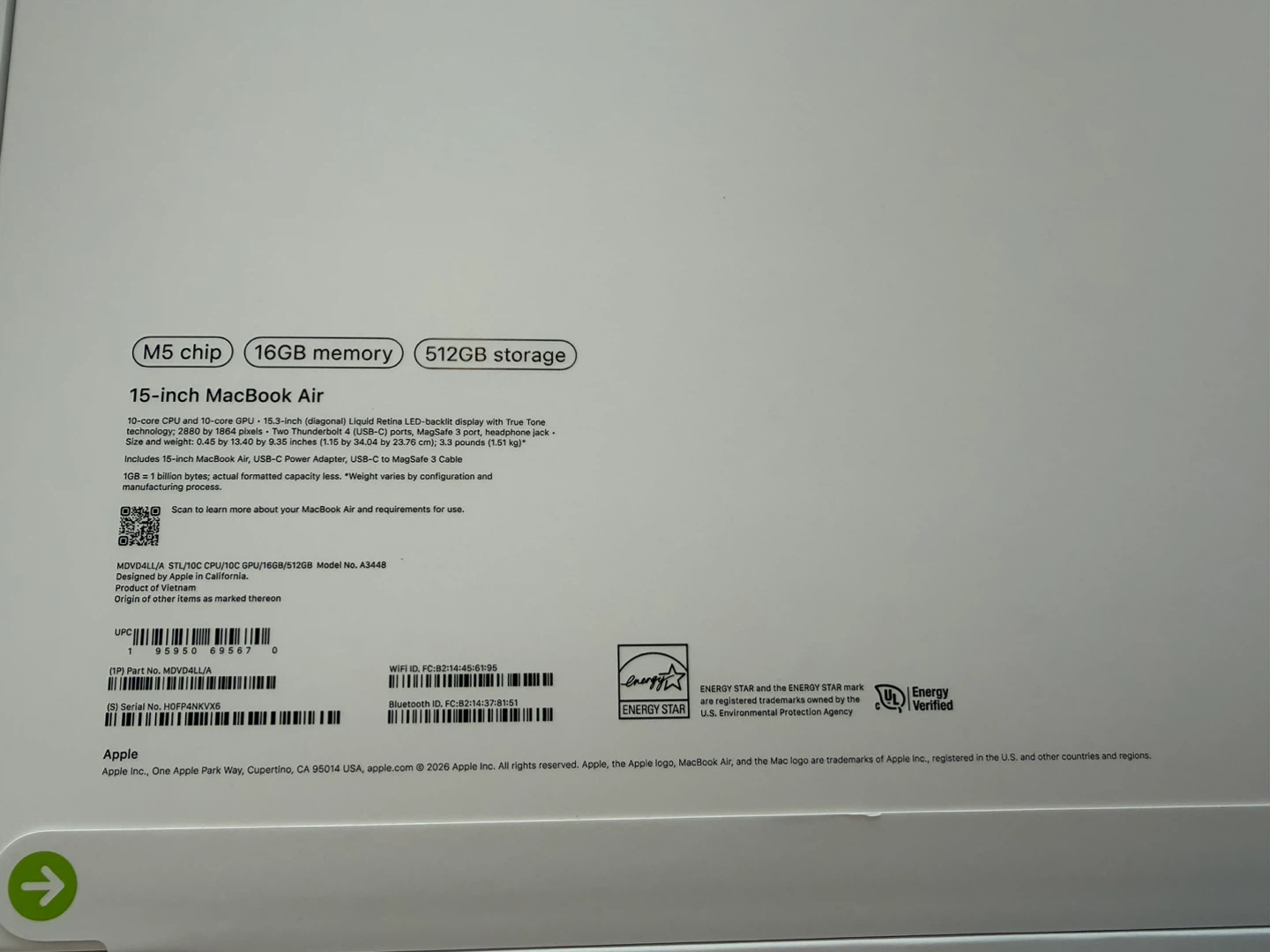 Box- Apple MacBook Air 15-inch M2 Chip 512GB Storage