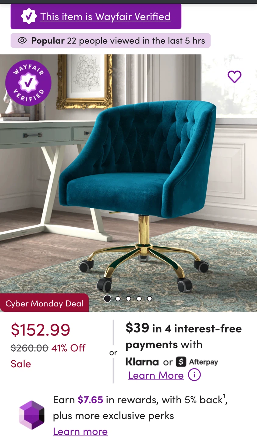 NIB - 360° Rotating Office Chair - Teal Velvet with Gold Base