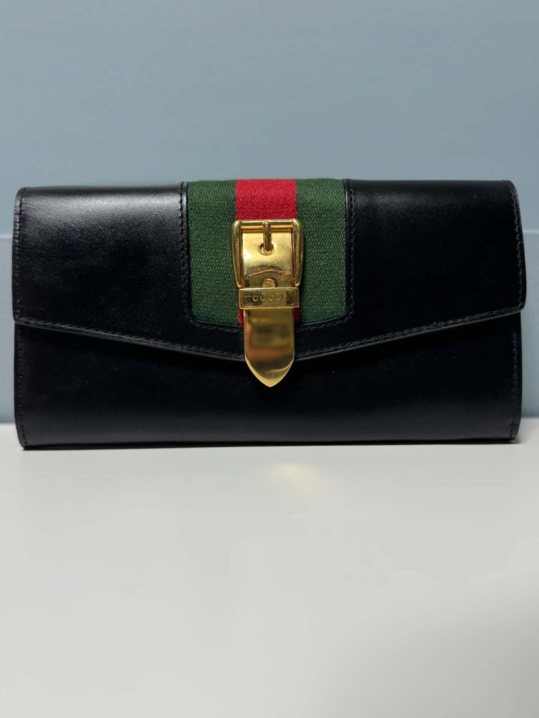 Gucci Black Leather Wallet/ Clutch with Red and Green Stripe