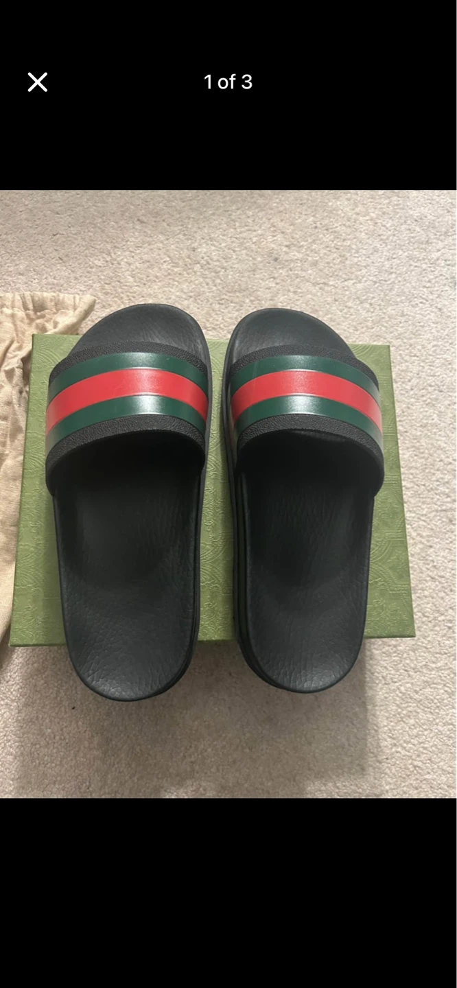 Gucci Black Slides with Green and Red Stripe