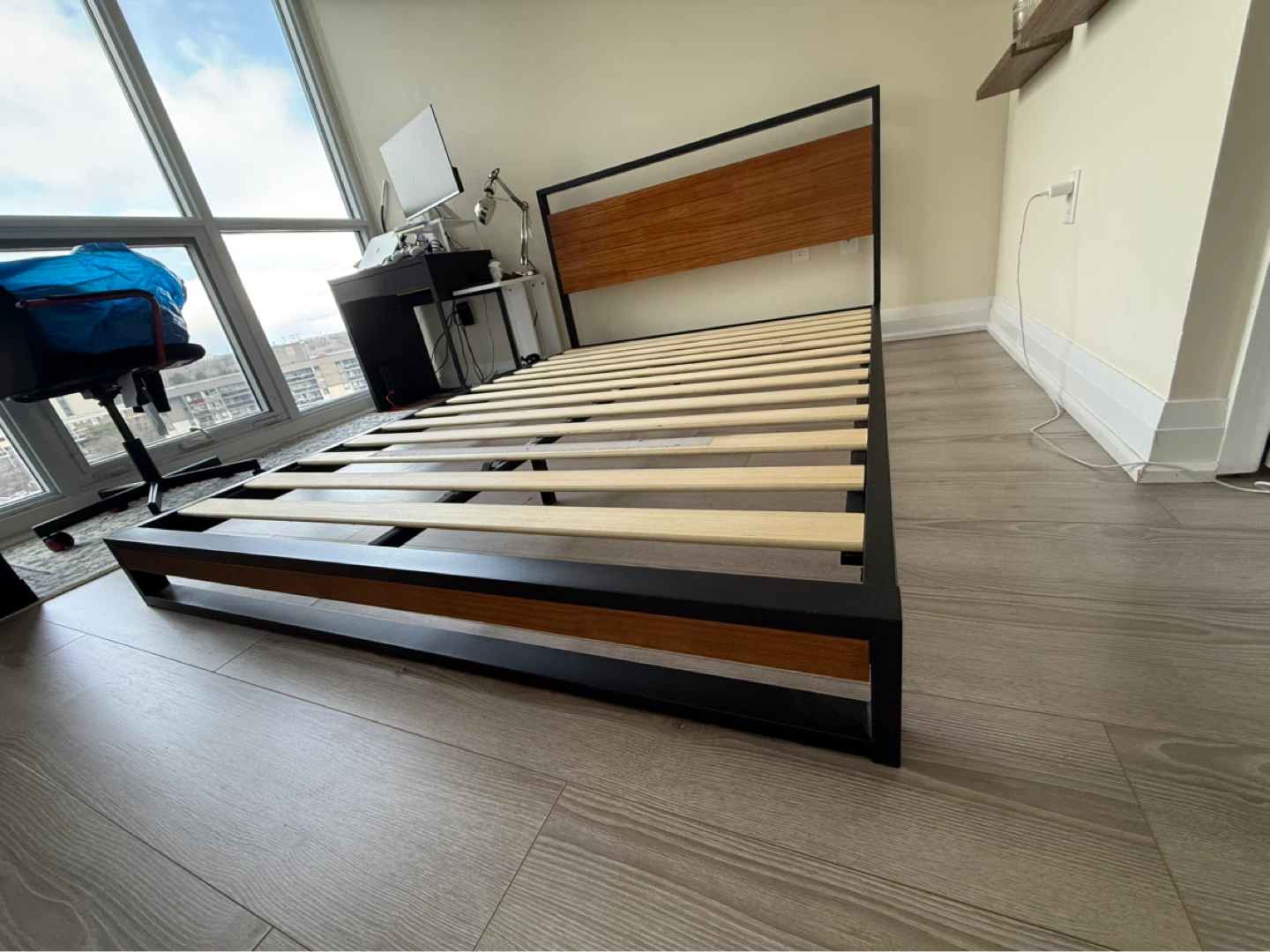 Metal Frame Bed with Wooden Headboard