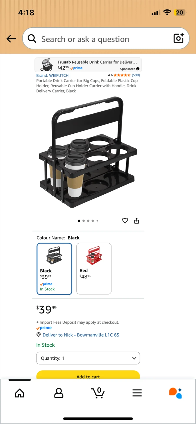NEW! 6 Cup Black Drink Carrier