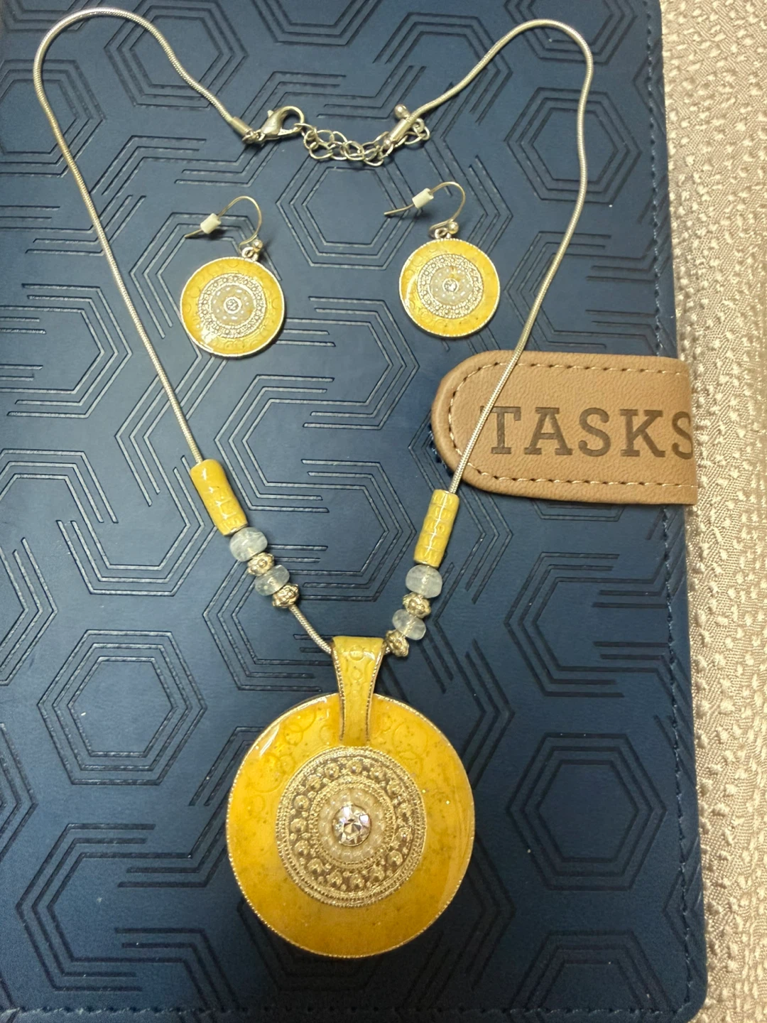 Yellow Enamel Pendant Necklace and Earring Set