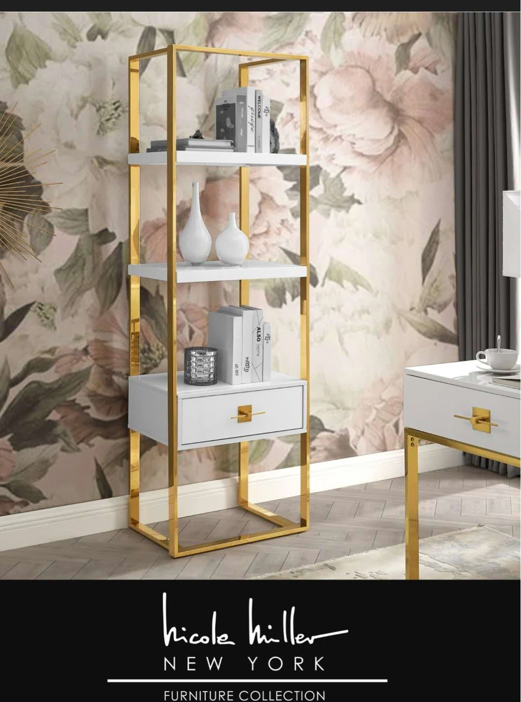 Nicole Miller New York Gold Frame Bookshelf with Drawer