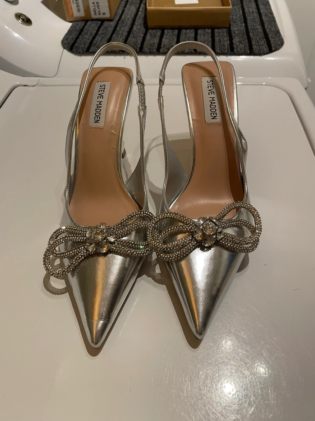 Steve Madden Silver Slingback Heels with Embellished Bow