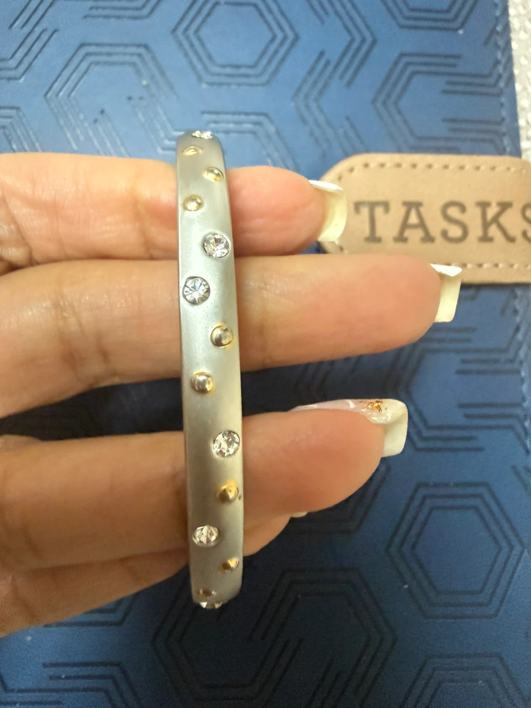 Silver-tone Bangle with Crystals and Gold-tone Beads