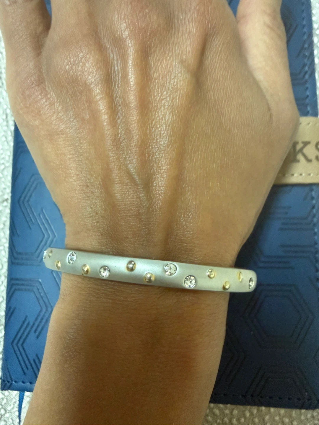 Silver-tone Bangle with Crystals and Gold-tone Beads - photo 2
