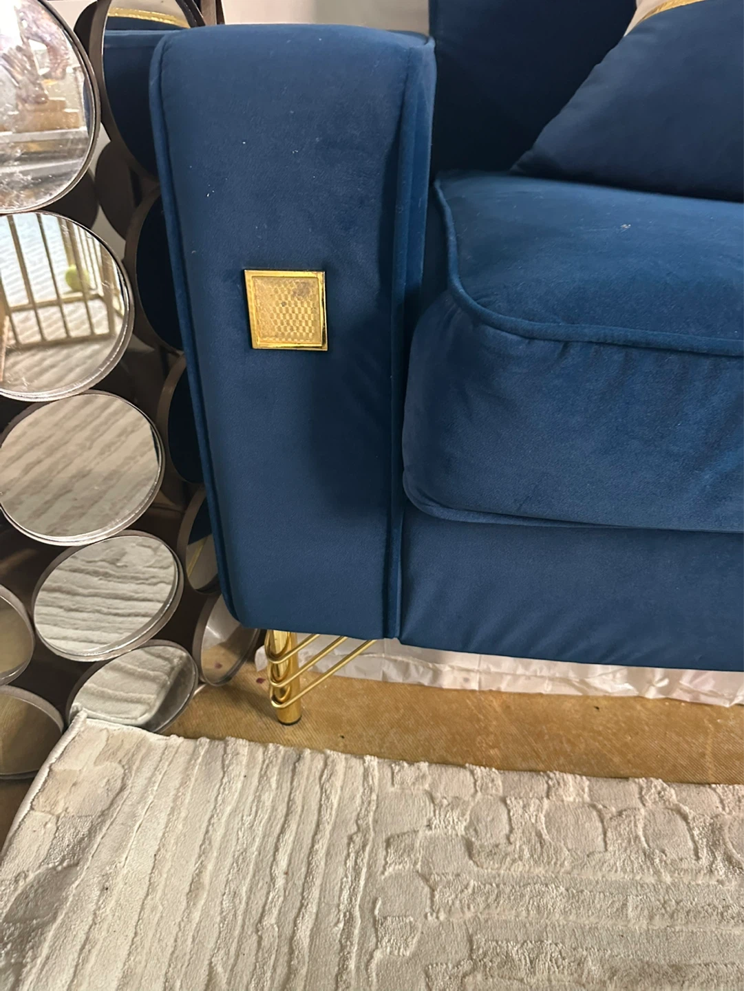 Deep Blue Velvet Sofa with Gold Accents - photo 3