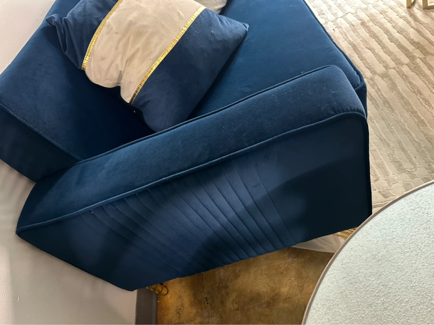Deep Blue Velvet Sofa with Gold Accents - photo 2