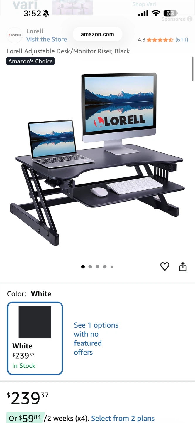 Lorell 81974 Sit to Stand Desk Riser adjustable 5" -17" New