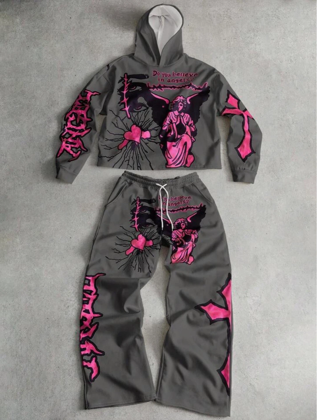 Graphic Hoodie and Pants Set - Grey/Pink