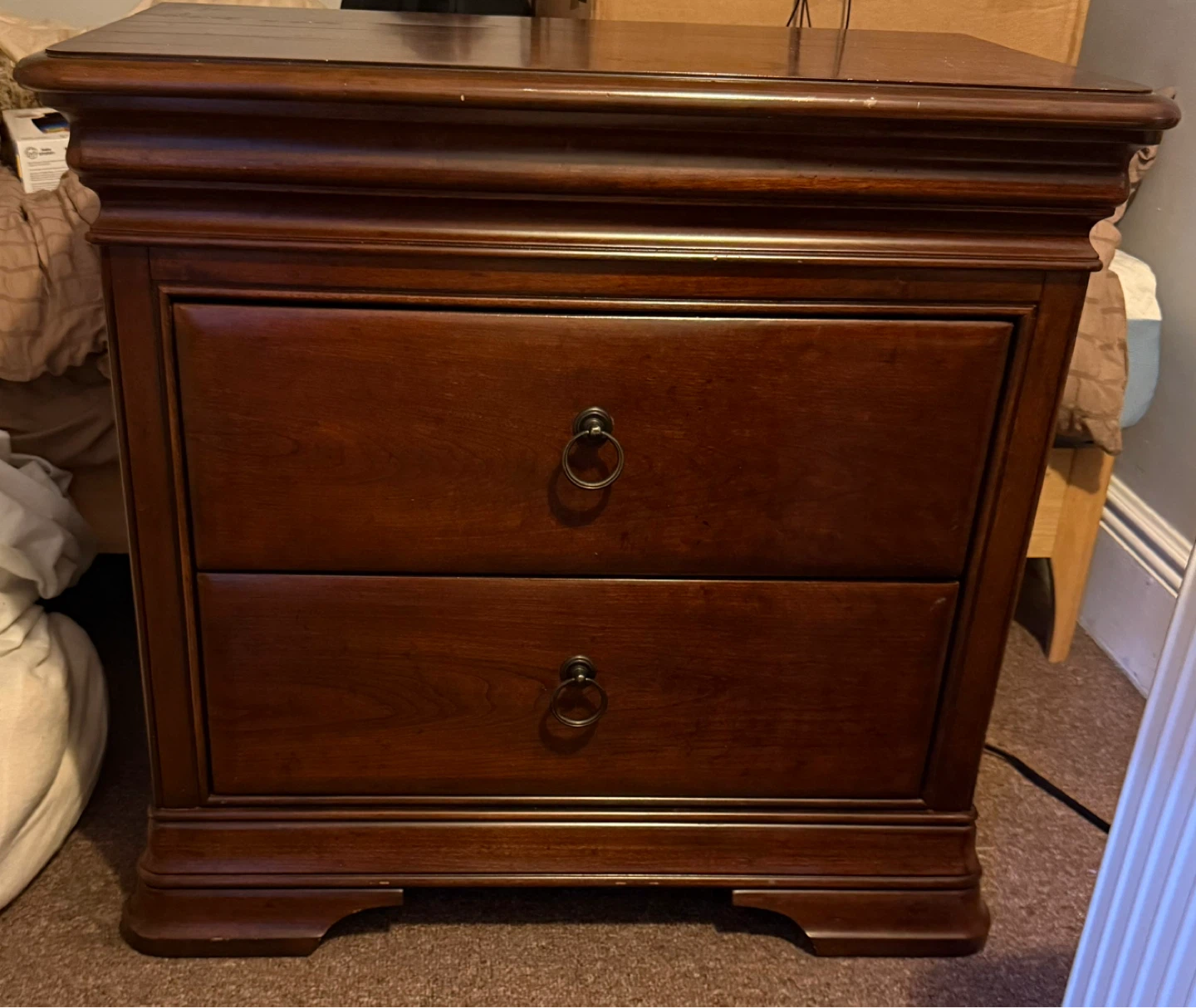 Solid Wood Nightstand w/ Built-In USB & Outlets – 2 Drawer - photo 2