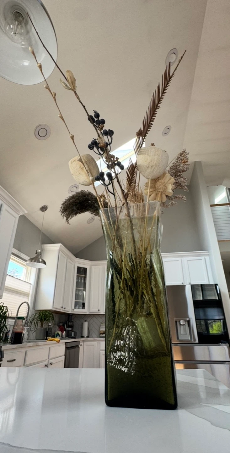 Tall Olive Green Glass Vase with Dried Botanicals