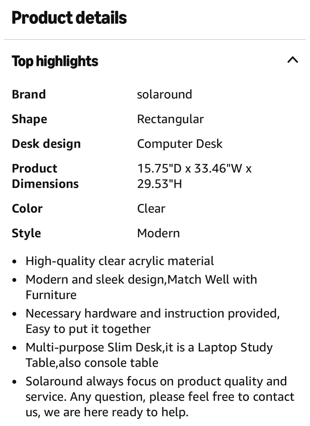 Solaround Clear Acrylic Modern Computer Desk - 33.5"W - photo 4