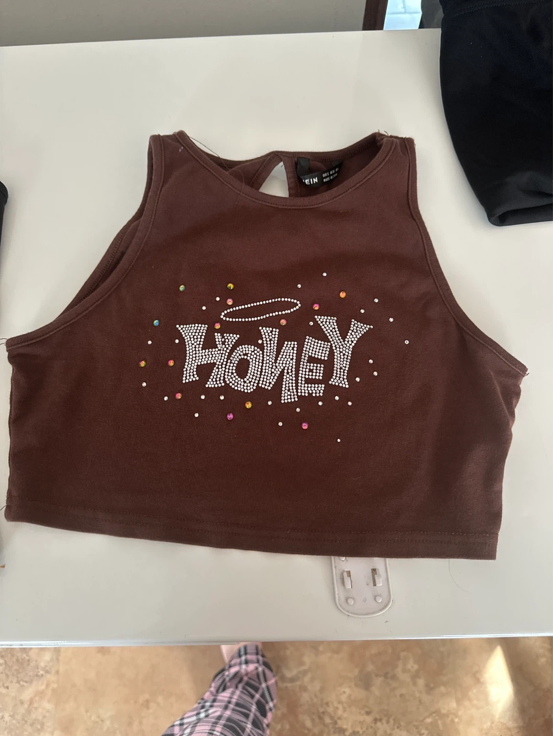 Shein Haut court "HONEY" marron avec strass
