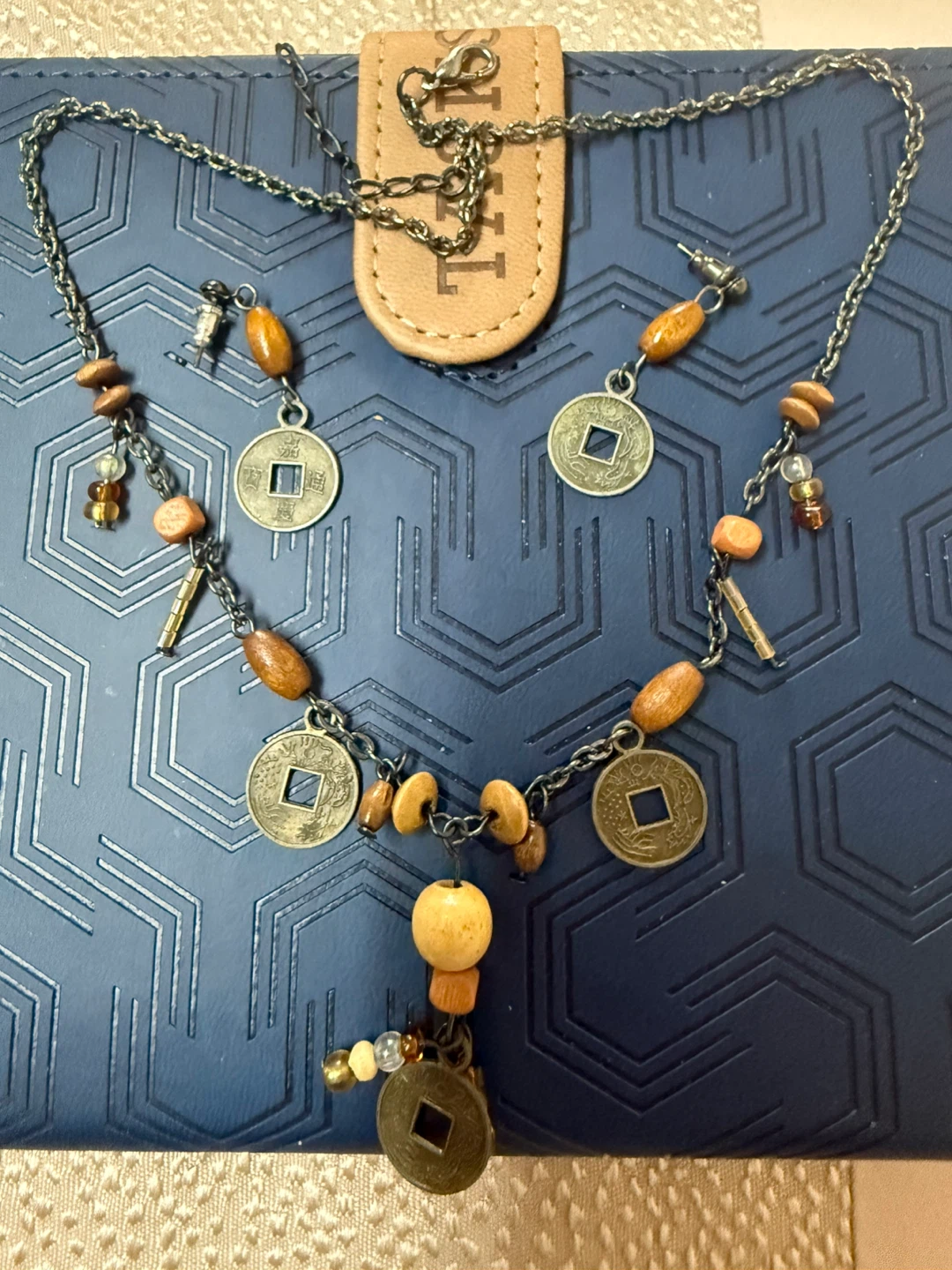 Beaded Necklace with Coin Charms and Wooden Beads