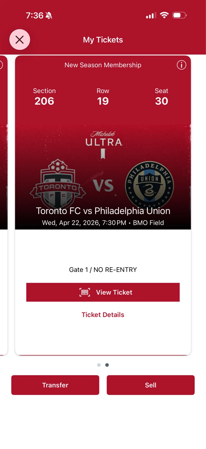 Toronto FC vs Philadelphia Union - Sec 206 Row 19 Seat 29