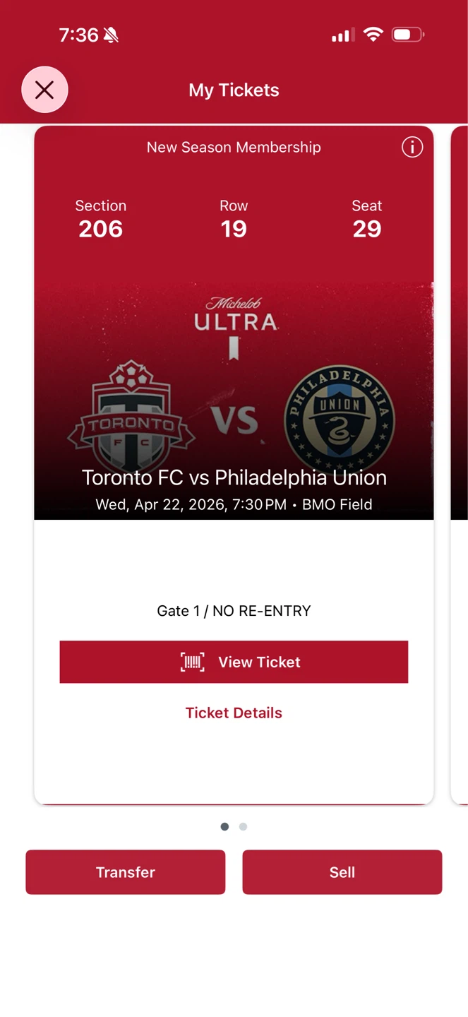 Toronto FC vs Philadelphia Union - Sec 206 Row 19 Seat 29 - photo 2