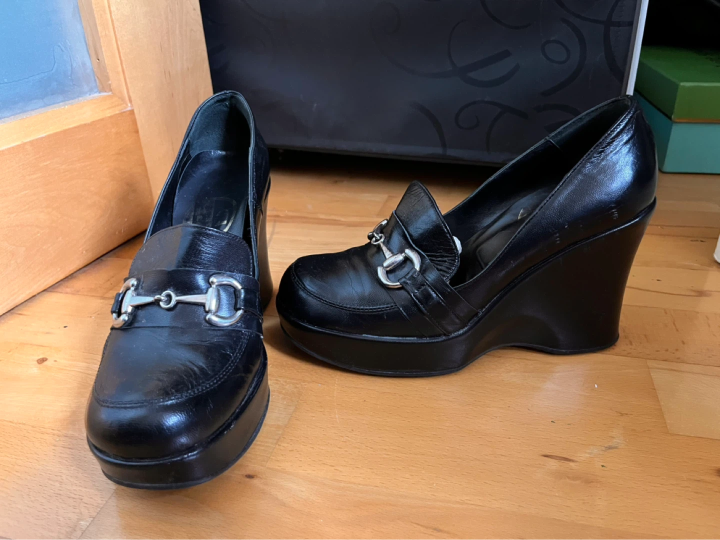 Size 36 Black Leather Wedge Loafers