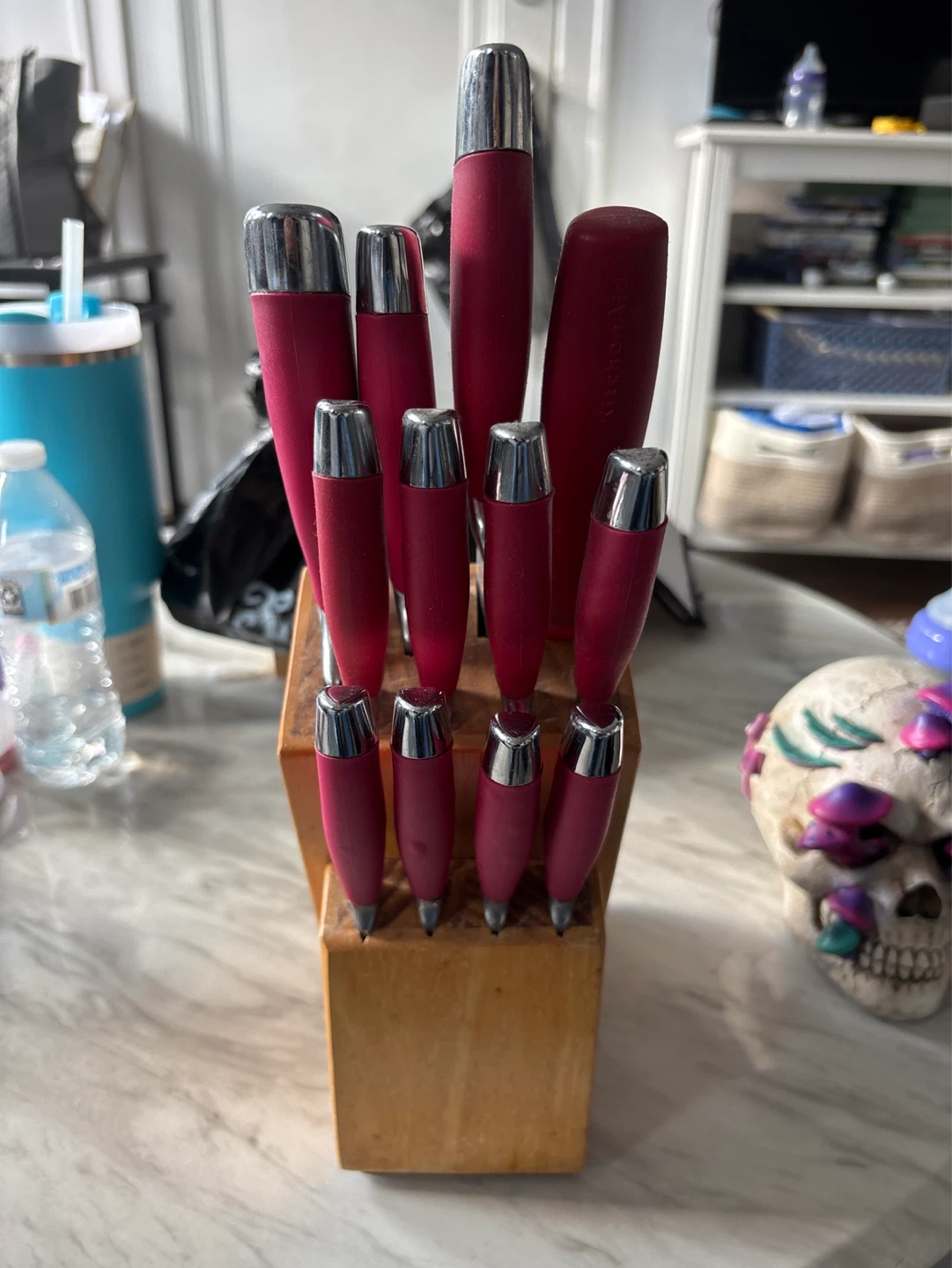 KitchenAid Crimson Handle Knife Set with Wooden Block