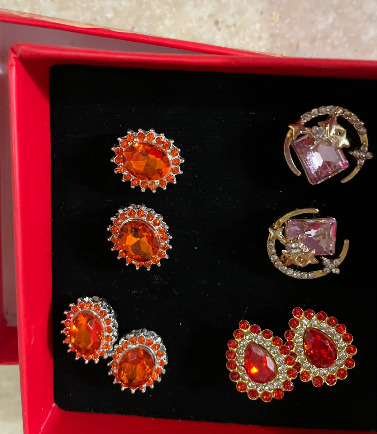 Assorted Costume Earrings Set - Red & Orange Gems - photo 2