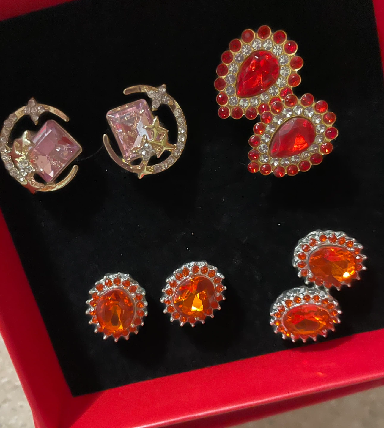 Assorted Costume Earrings Set - Red & Orange Gems