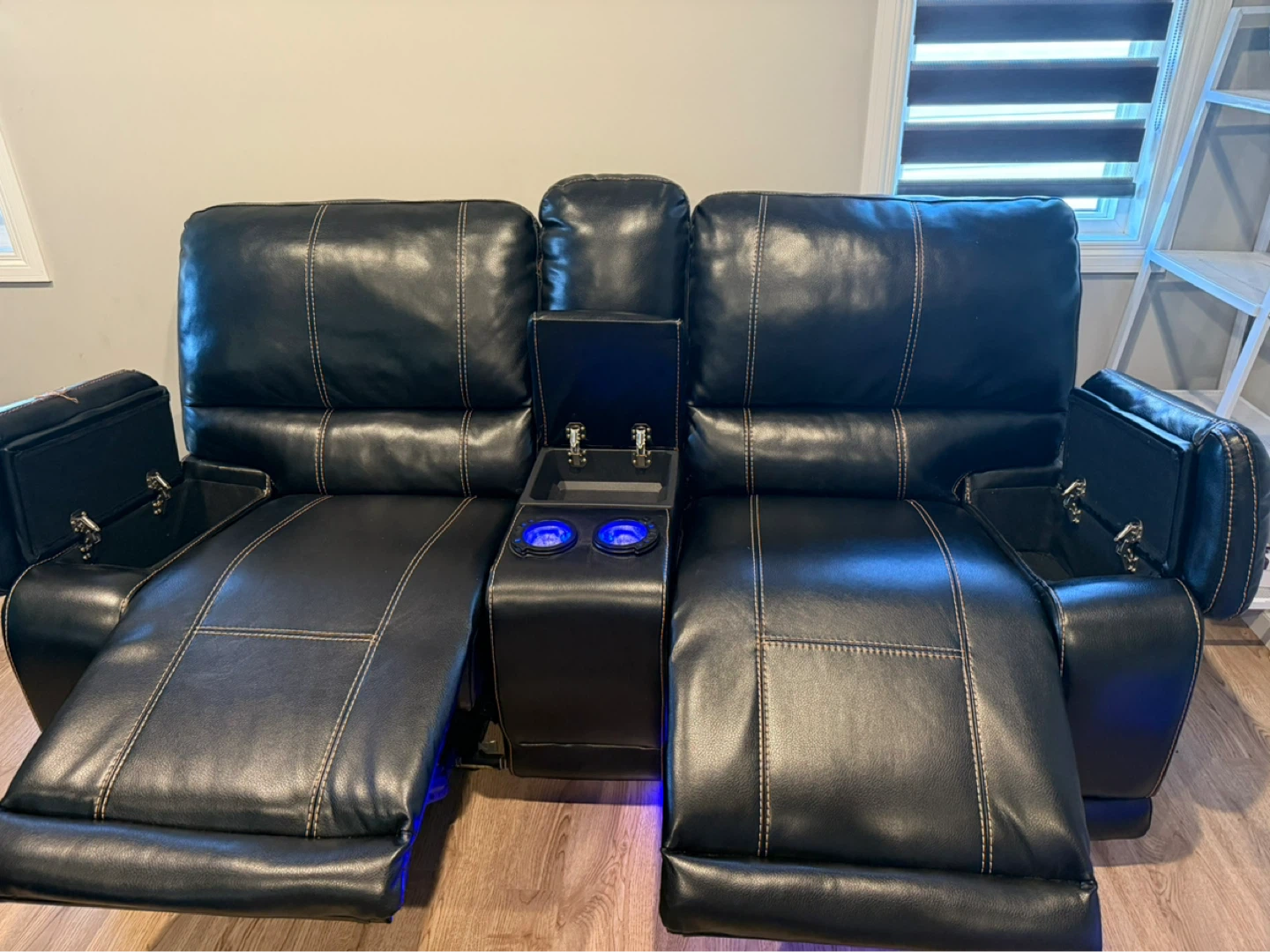 Black Leather Loveseat Recliner with Cup Holders - photo 2