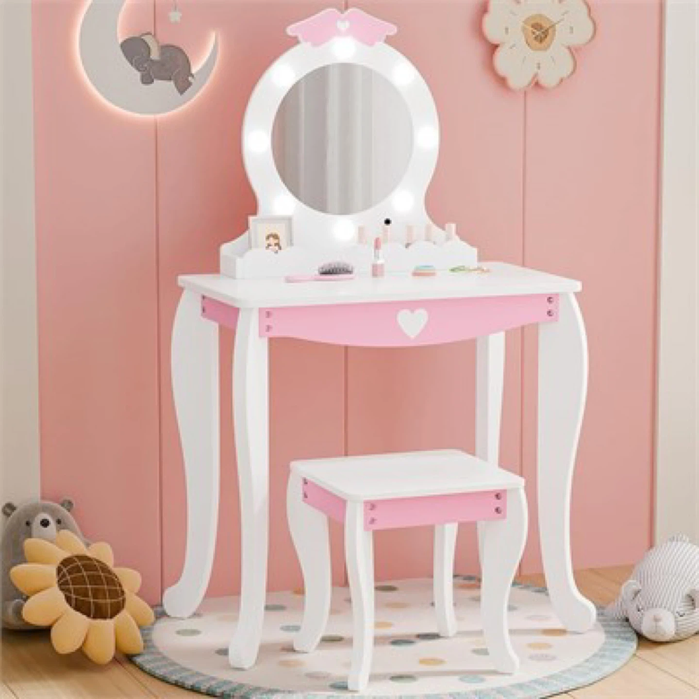 Kids Vanity Table with Mirror & Stool – Pink (Brand New)