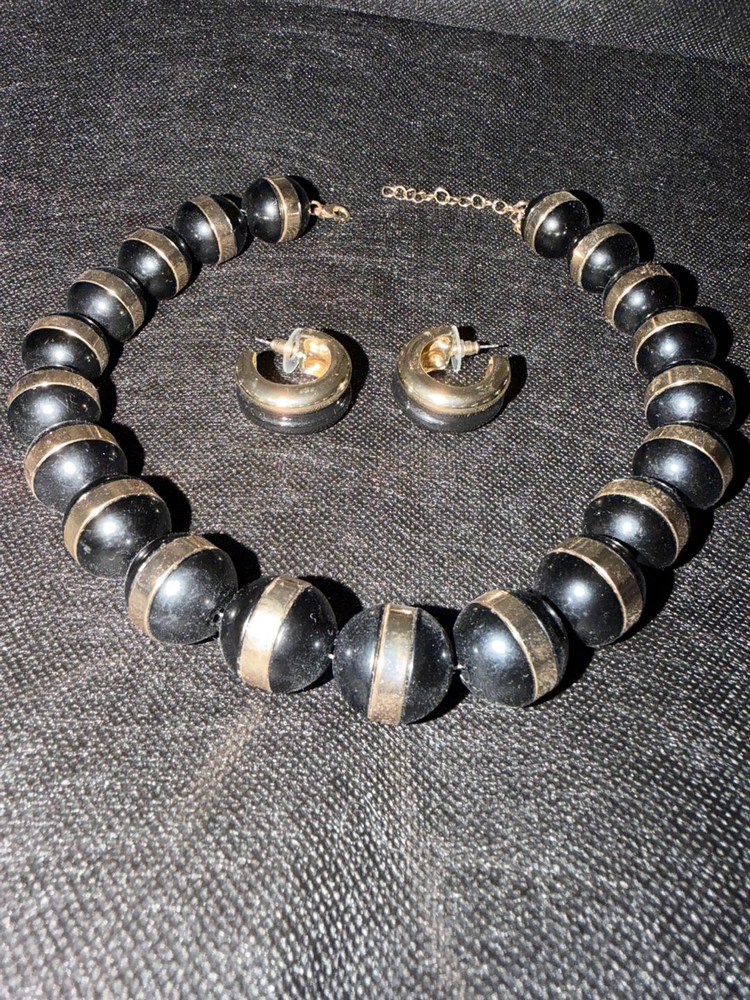 Black and Gold Beaded Necklace and Hoop Earrings Set