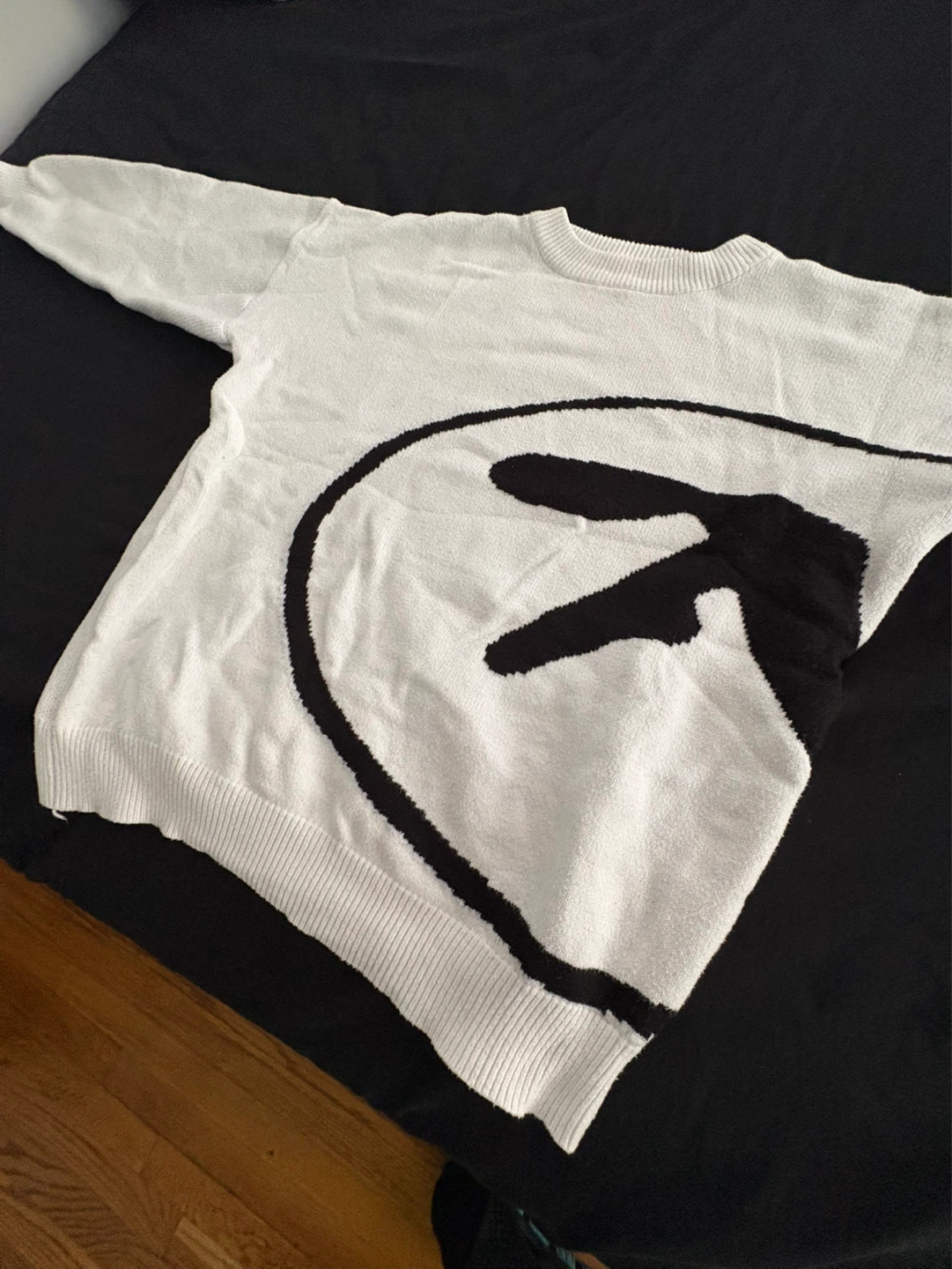 White Crewneck Sweater with Black Graphic