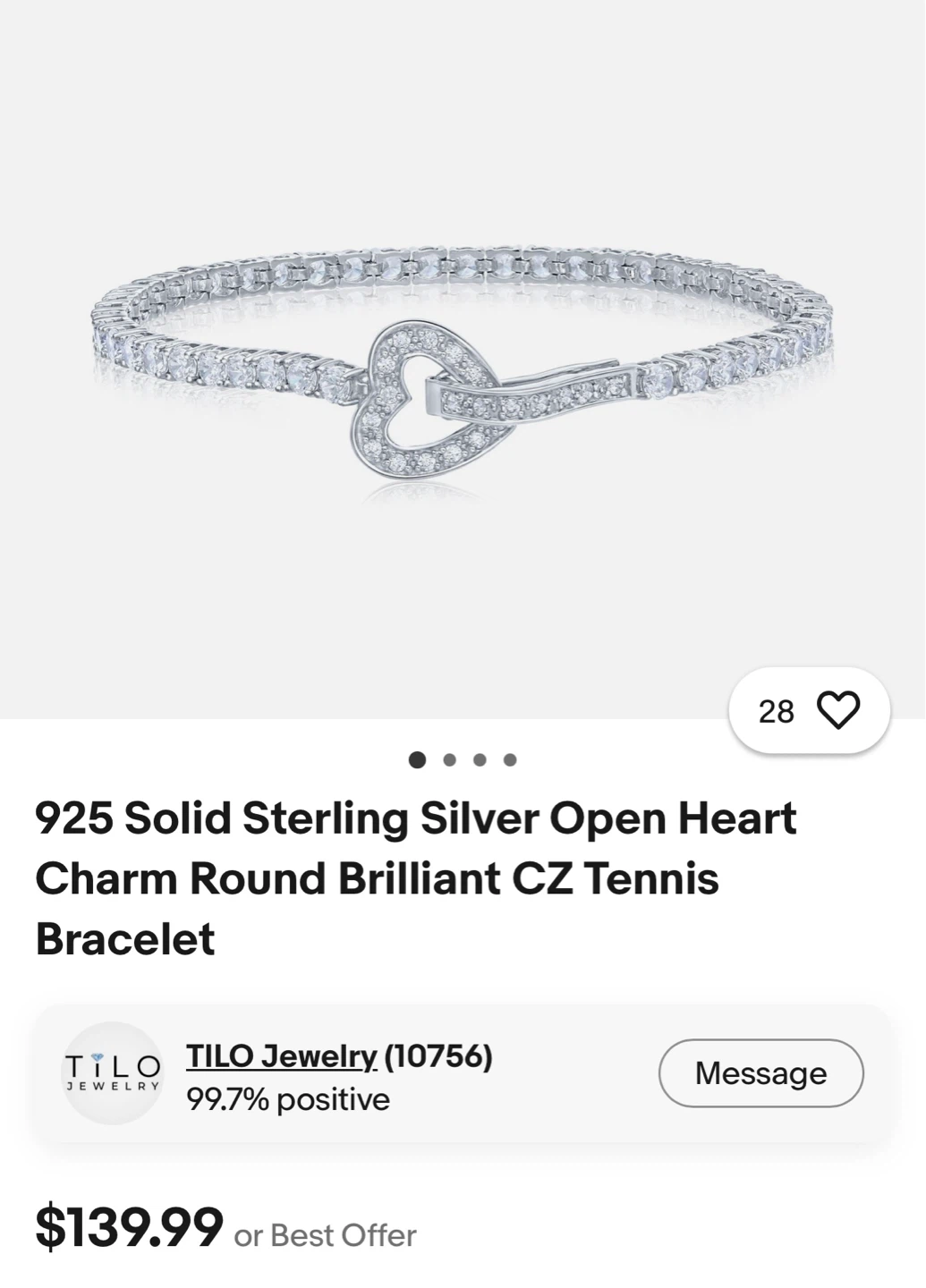 925 Sterling Silver Heart Charm Tennis Bracelet