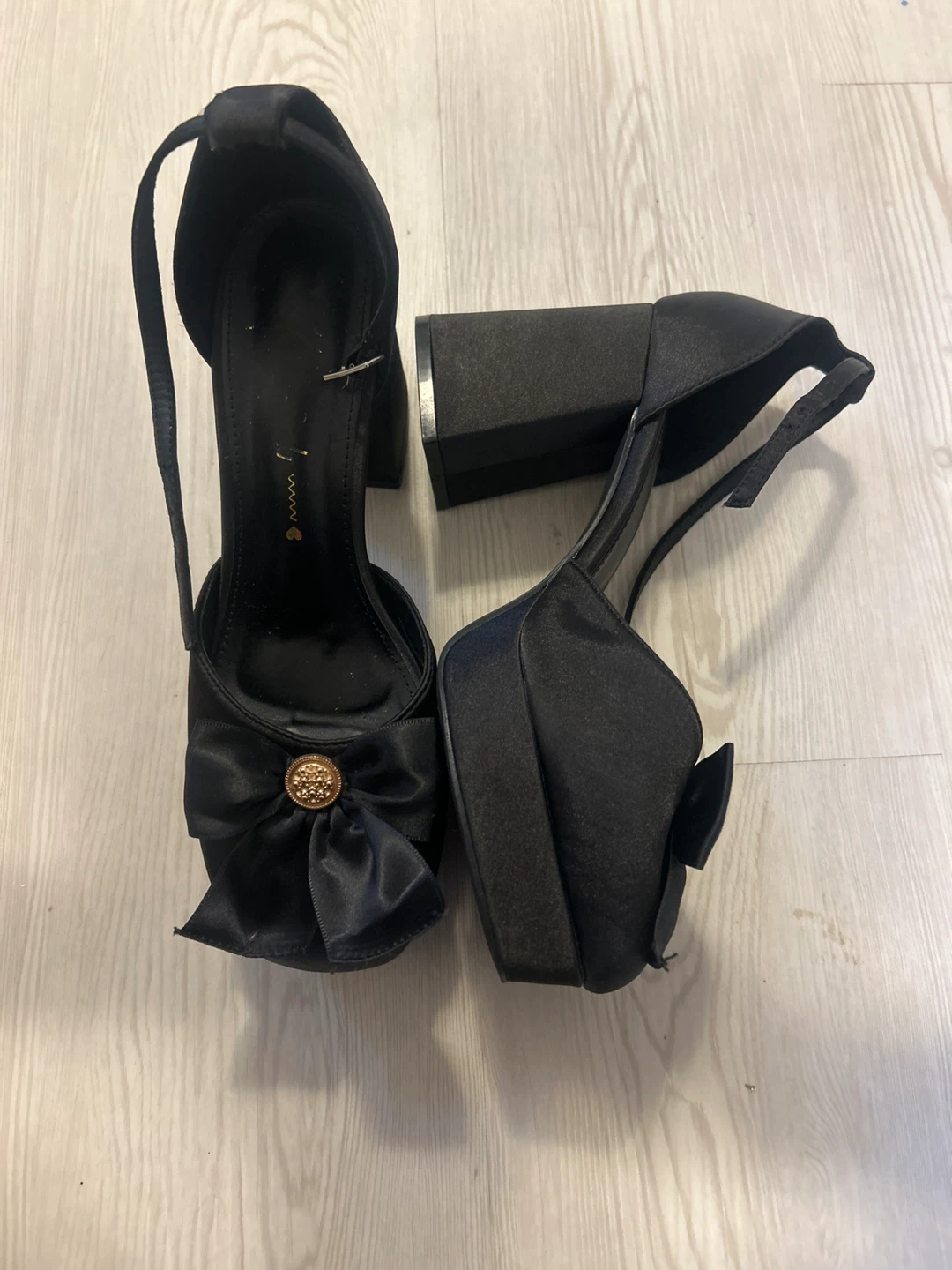 Black Satin Platform Heels with Bow Detail
