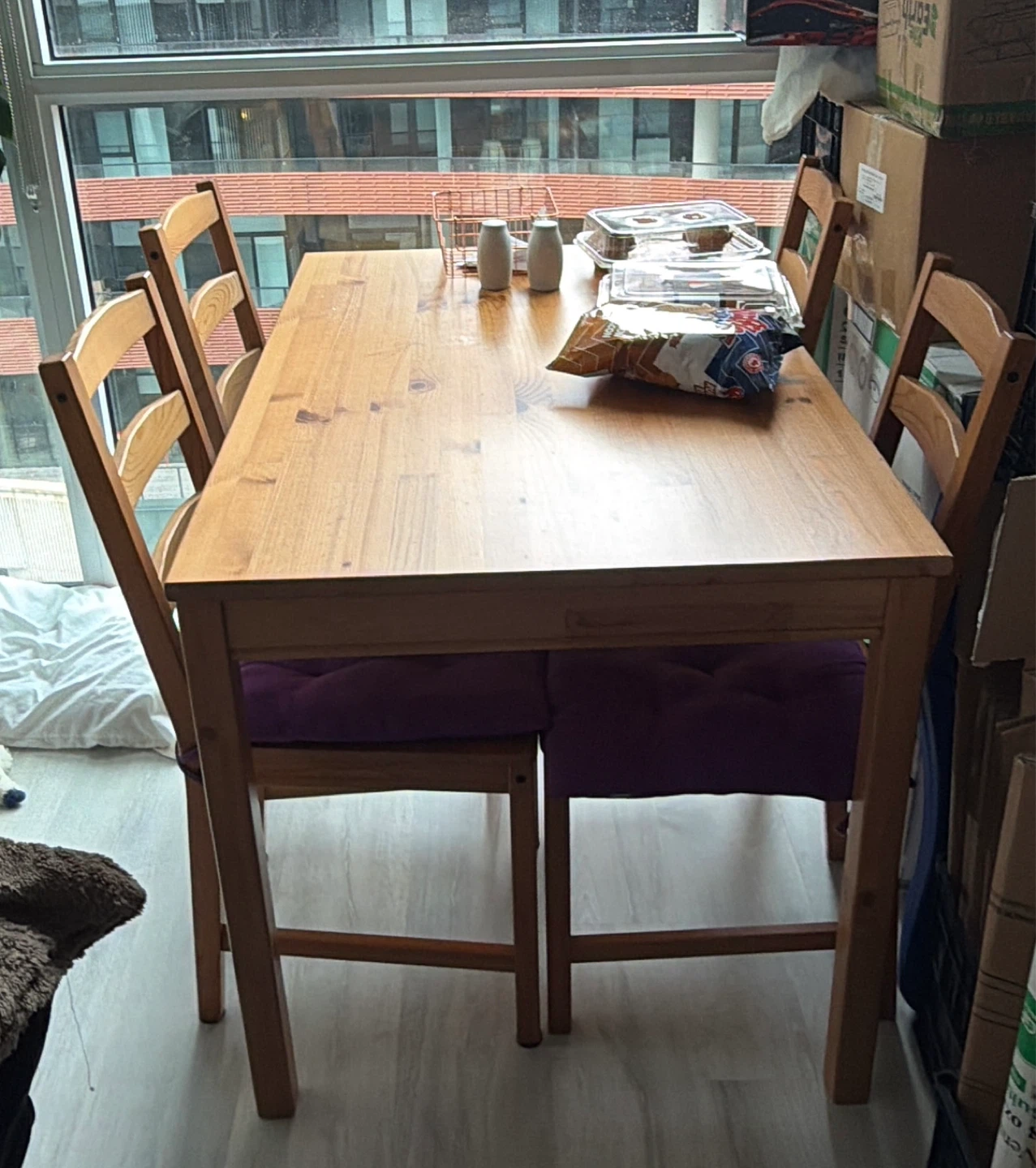 IKEA pine dining table and 4 chairs