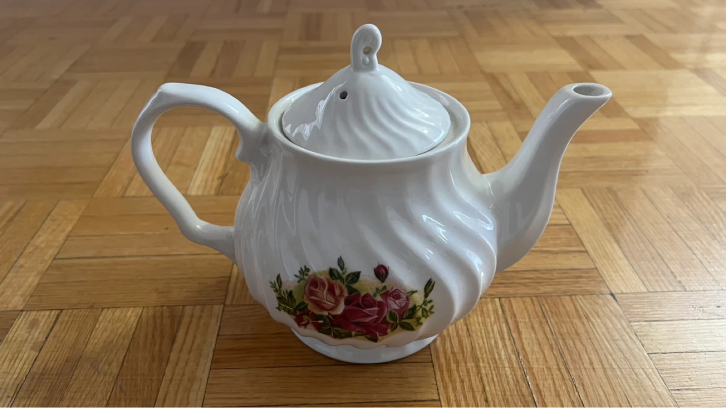White Teapot and bowl set with Floral Design