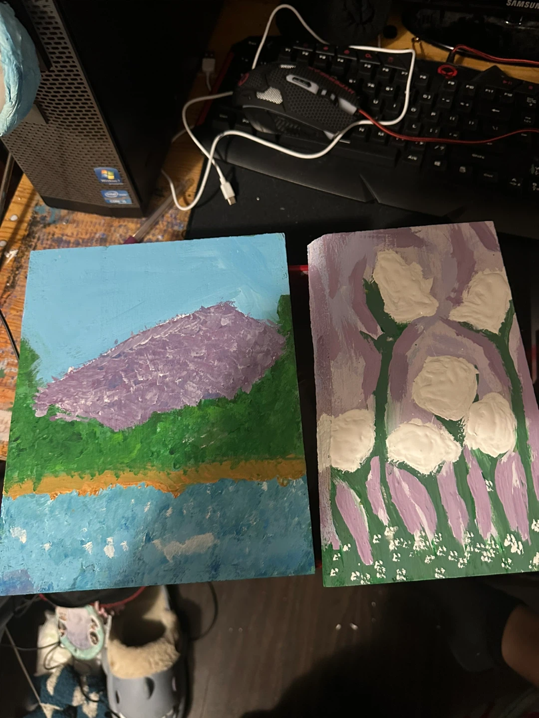 Two Hand-Painted Canvases - Landscape and Floral 3$ each