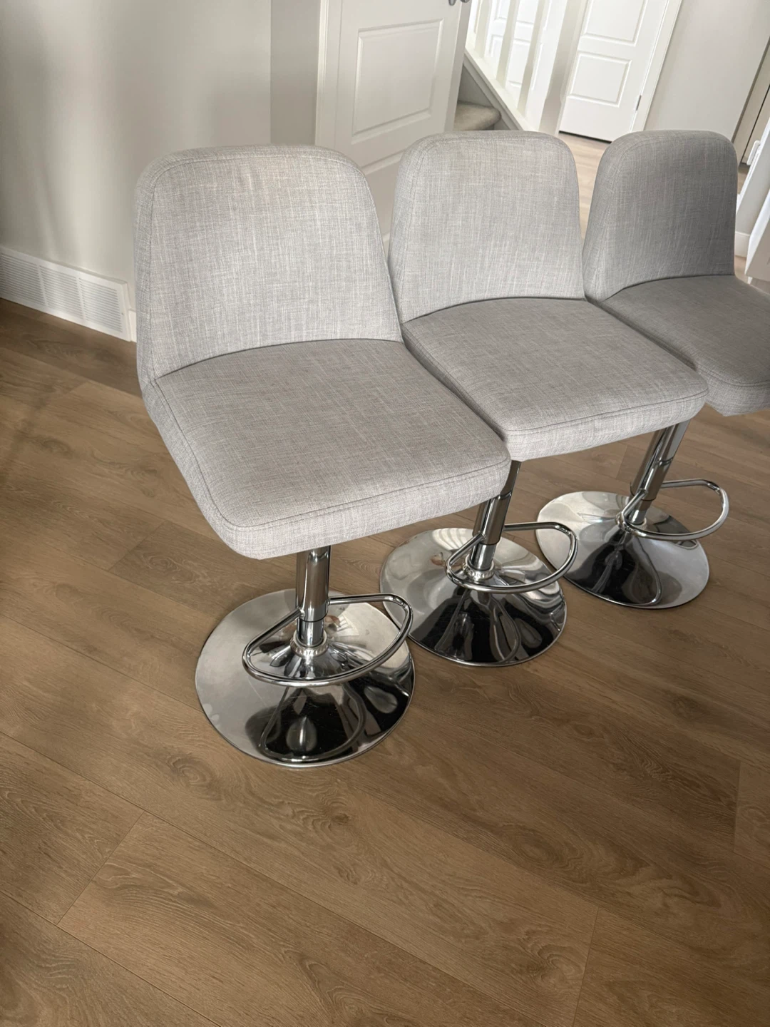 Set of 3 Grey Fabric Bar Stools with Chrome Base - photo 3