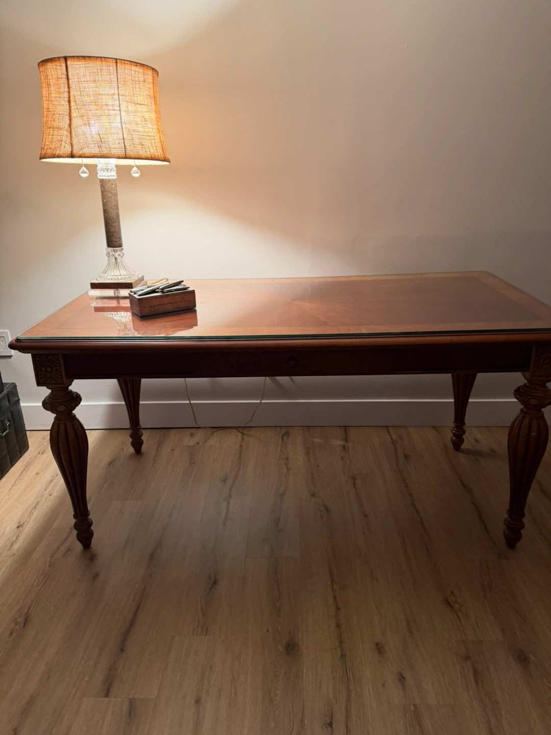 Wooden Desk/Table with Glass Top and Drawer - photo 4