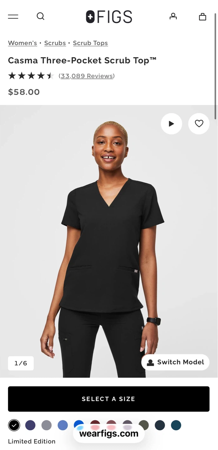 FIGS Casma Three-Pocket Scrub Top XL Black
