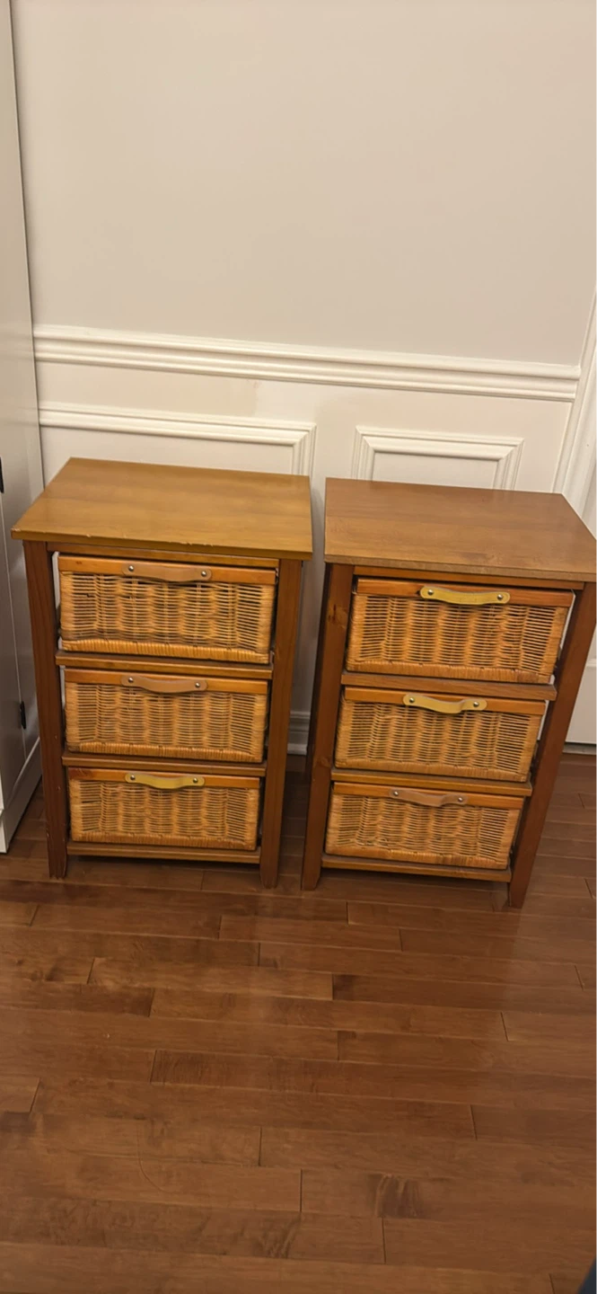 Pair of Wooden Side Tables with Wicker Baskets