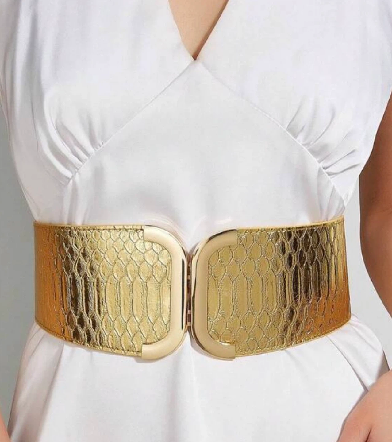 Gold Metallic Snake Print Elastic Belt with Gold Buckle