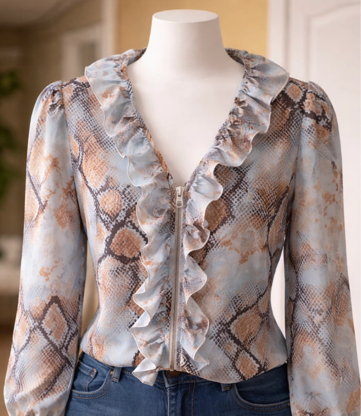Ruffled Snakeskin Print Blouse