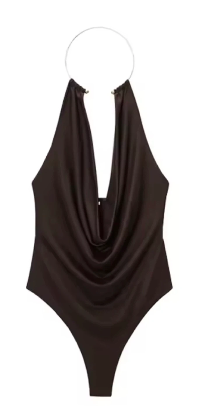 Brown Halter Neck Bodysuit with Ring Detail