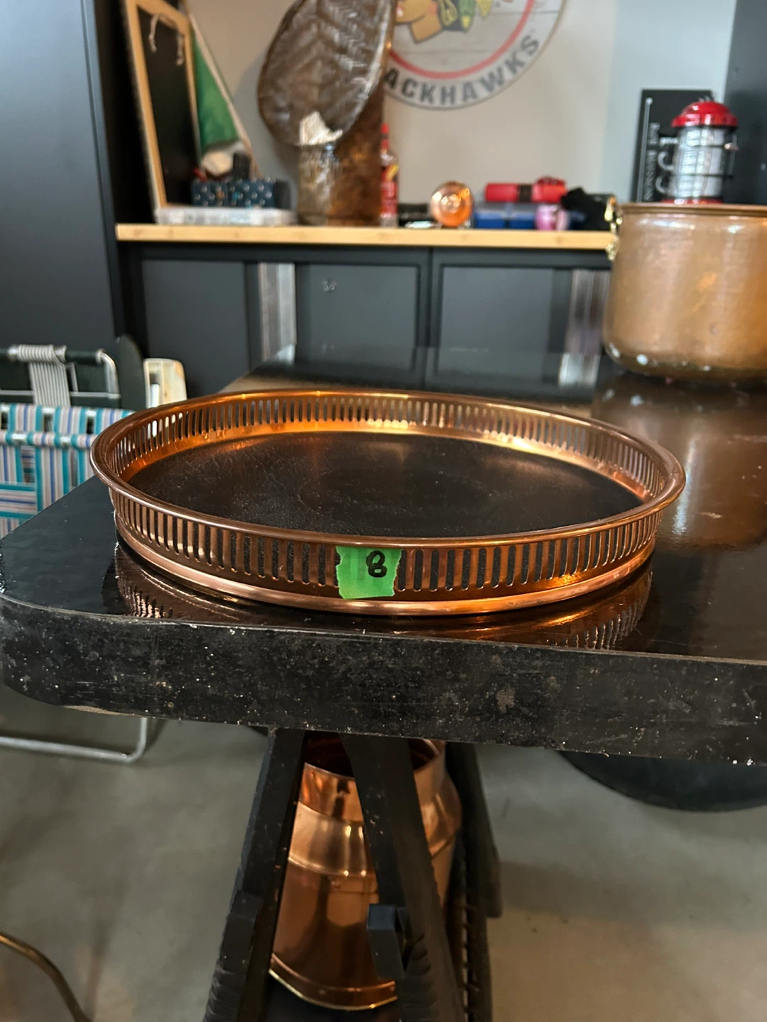 Copper Rimmed Round Serving Tray with Black Inlay