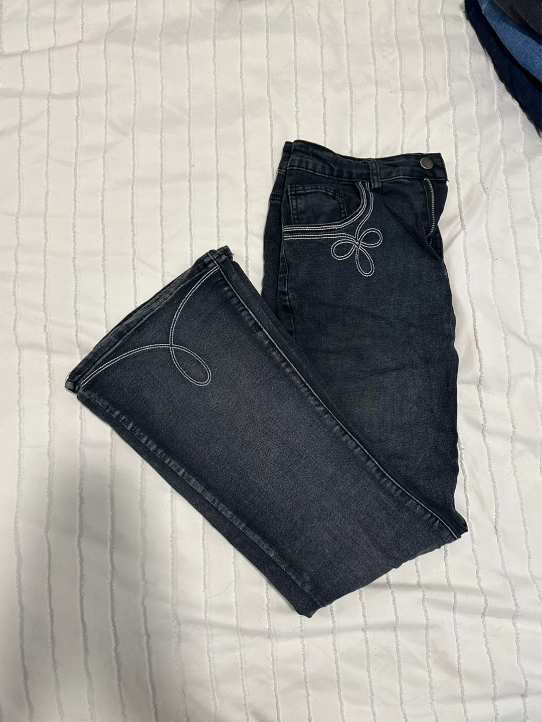 Dark Wash Flare Jeans with White Stitching