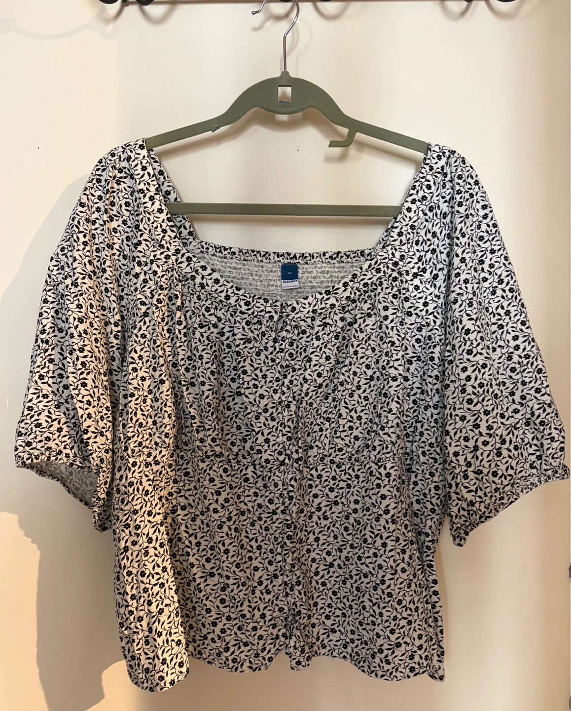 Smocked Square Neck Blouse - Black Floral Print