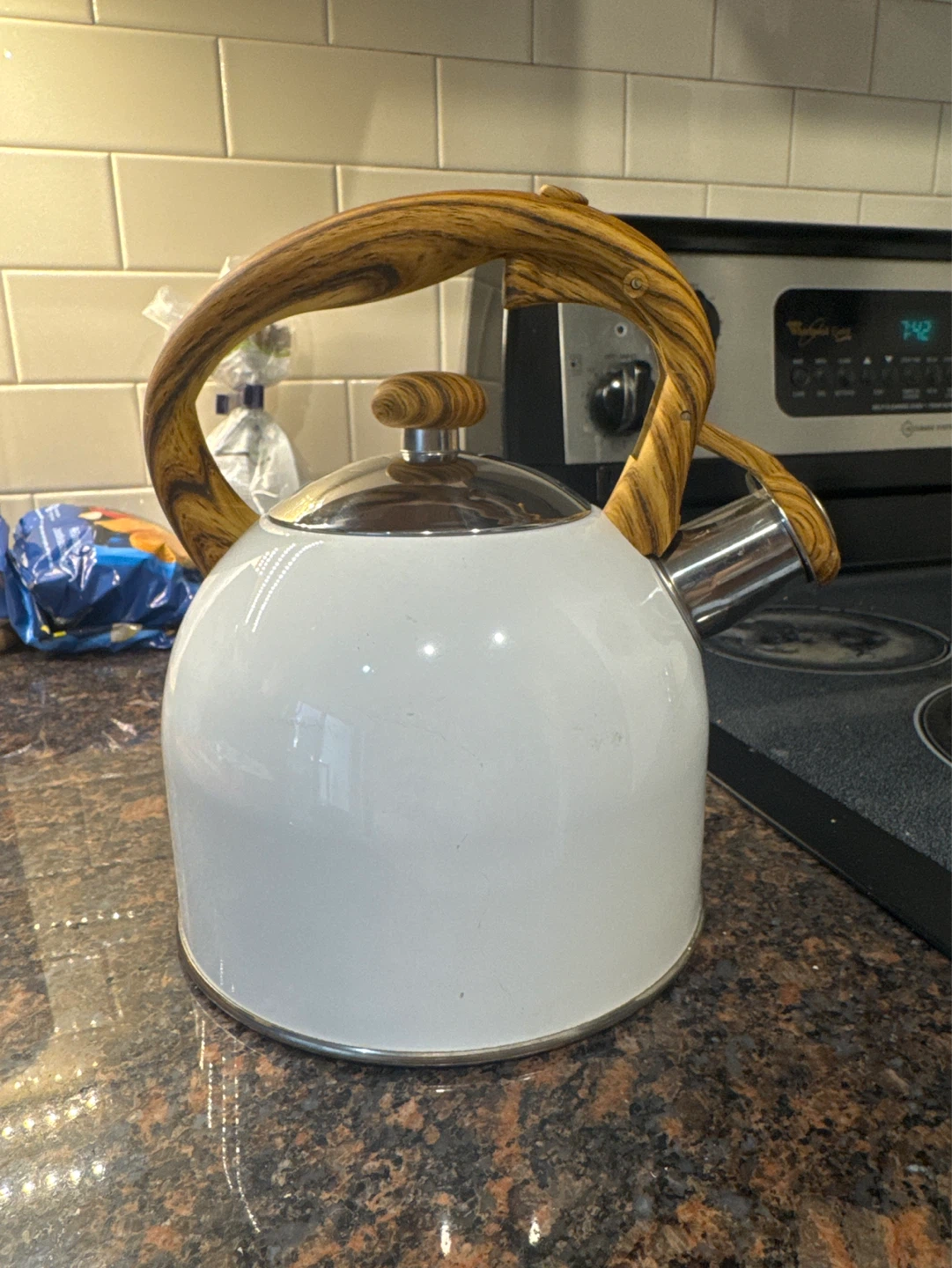 White Kettle with Wood Handle