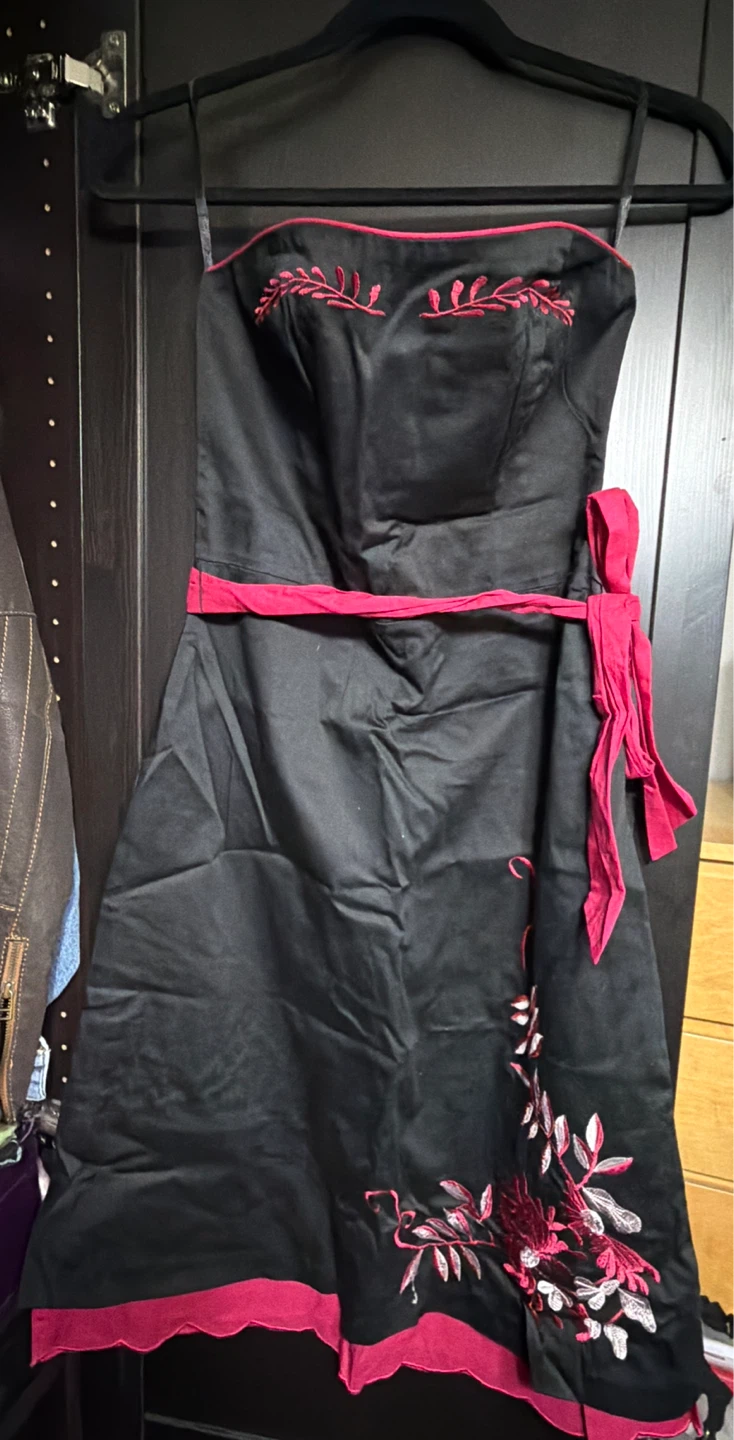 Black Strapless Dress with Pink Trim and Embroidery