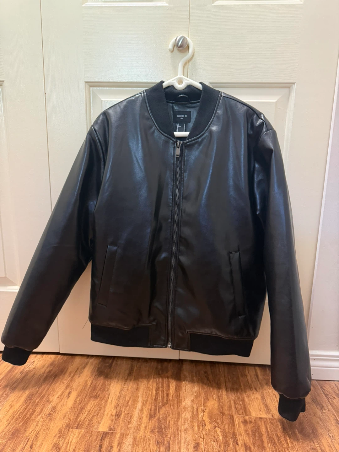 Forever 21 Men's Black Faux Leather Bomber Jacket - Size Medium