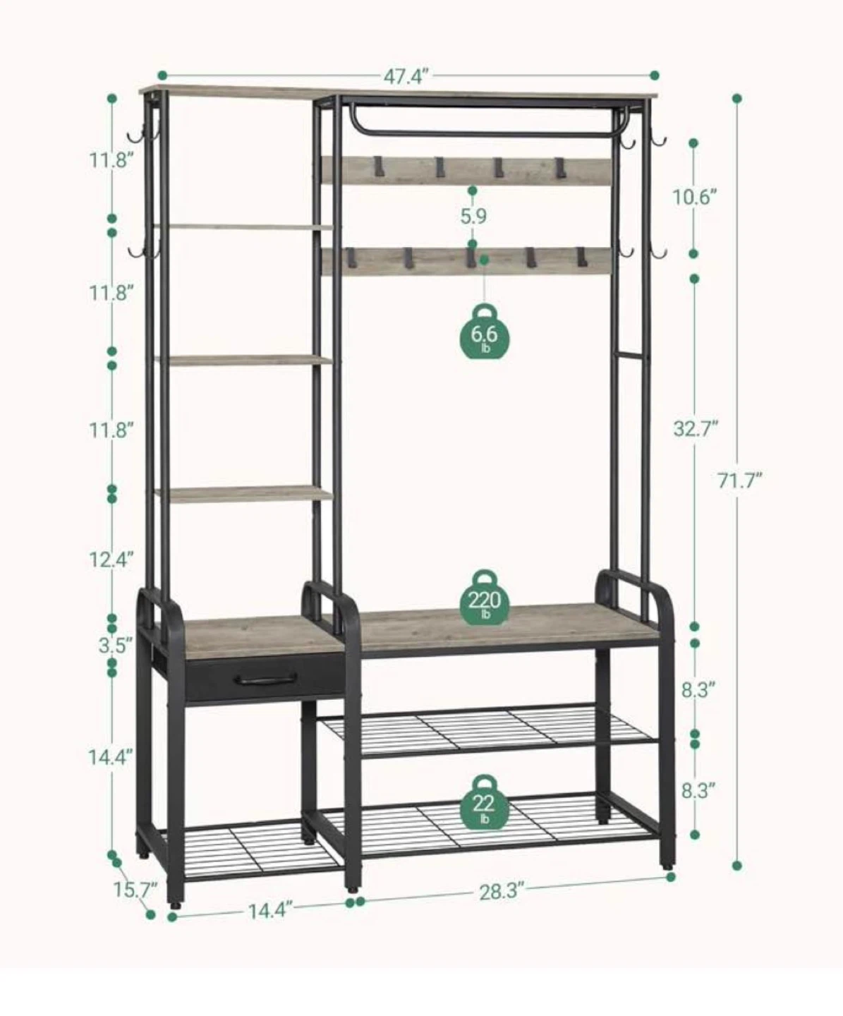 Hall Tree Coat Rack with Storage Bench and Shoe Shelves - photo 2