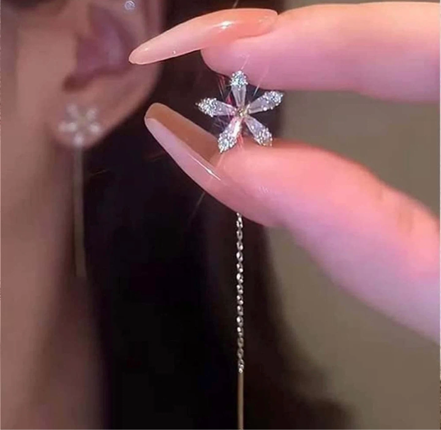 Sparkly Flower Drop Earrings - Silver Tone